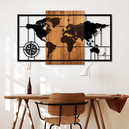 Wallity World Map 1-L Decoración de Pared de Madera y Metal